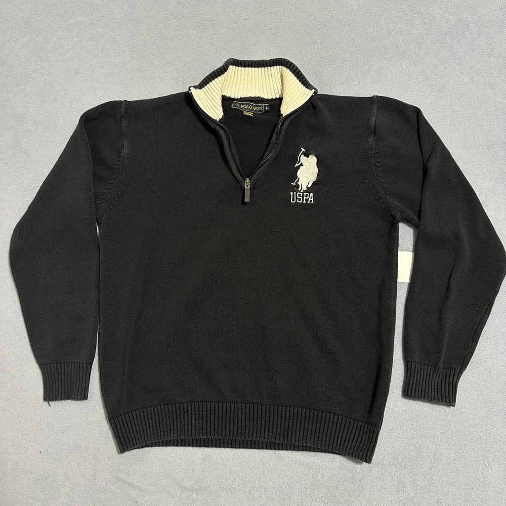 US Polo Assn 1/4 Zip Pullover Sweater Long Sleeves Cotton Black Mens Size Large